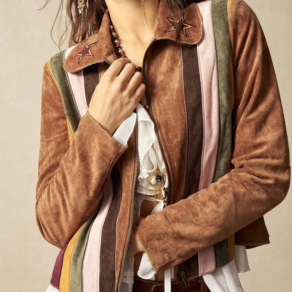 Boho Brown Women's Butterfly Embroidery Patchwork Nomadic Jacket - Picture 3 of 6